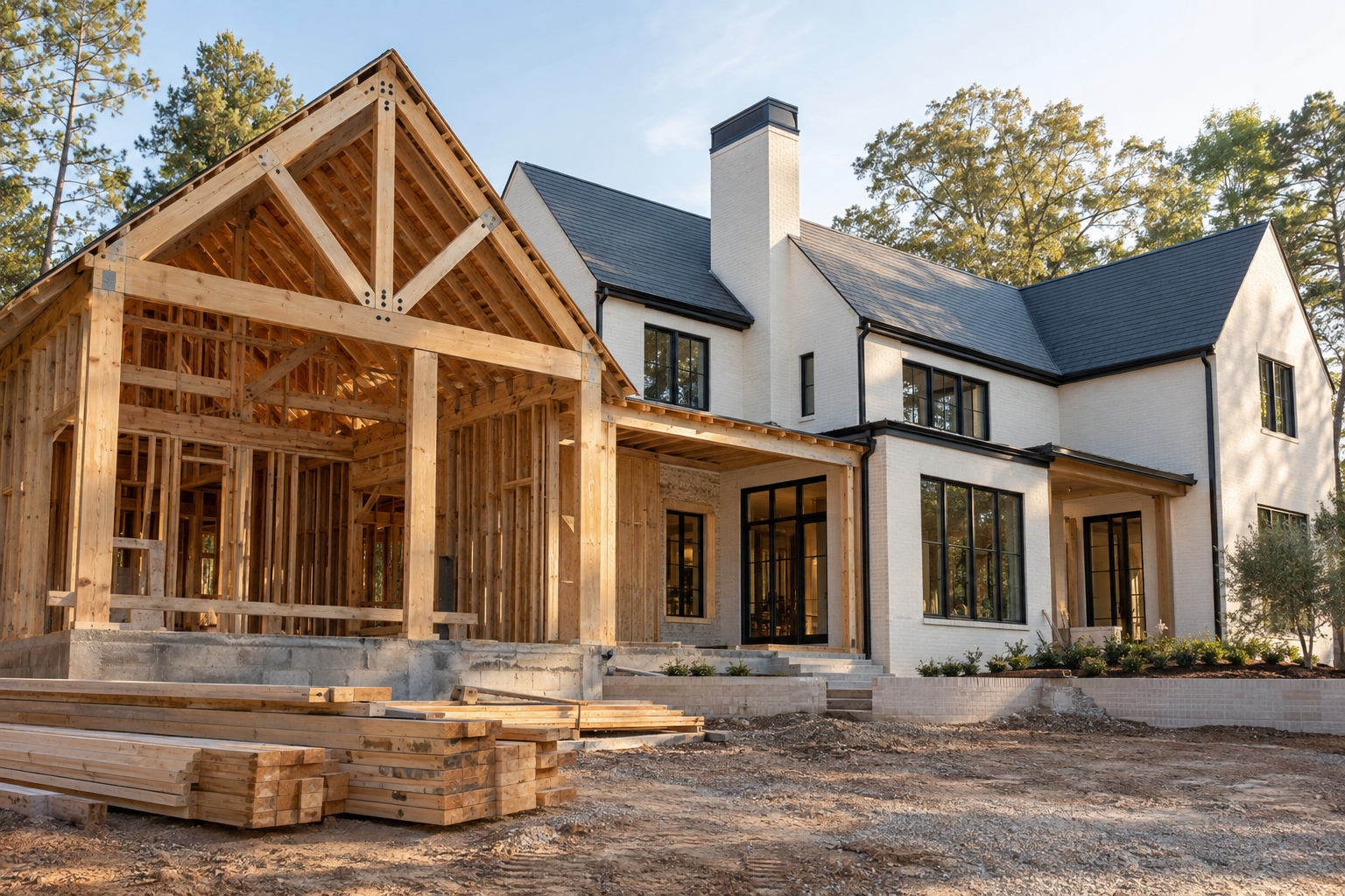 Illustrative image of a contemporary home under construction with exposed timber framing